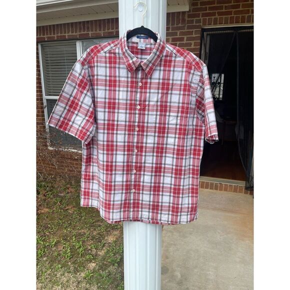 Old Navy Men's Button Up Shirt L Red and White Cotton Short Sleeve Regular Fit - Picture 1 of 8